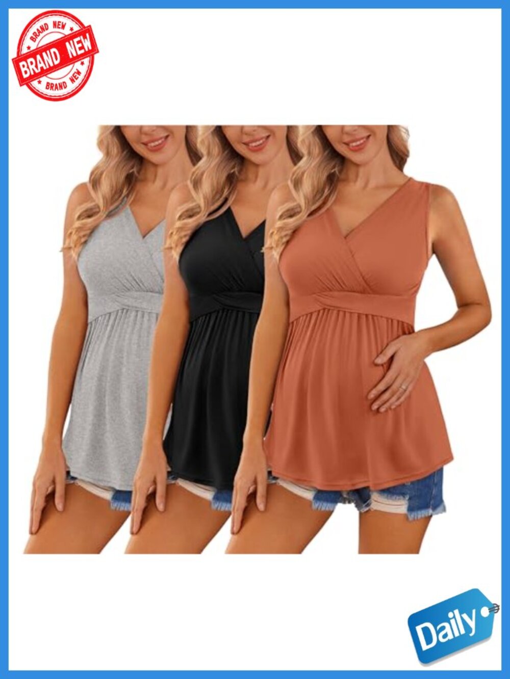 Maternity Tank Tops Sleeveless V Neck Nursing Tops 3 Pack Stretchy Casual